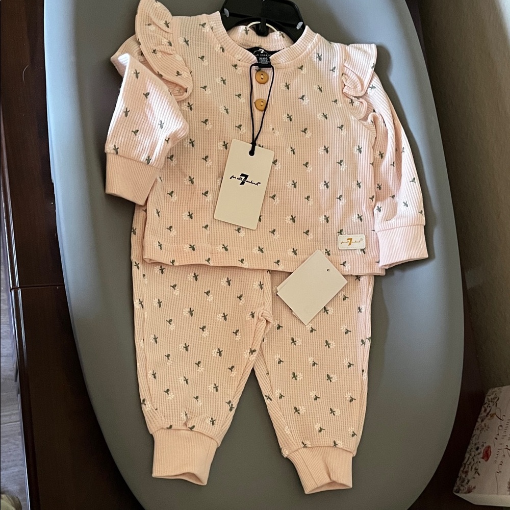 7 For All Mankind Light Pink Kids Pajama Set with Ruffle Sleeves